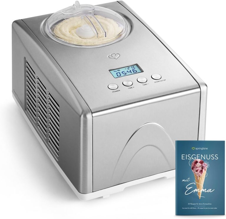 SPRINGLANE Sorbetière Emma 1,5 L avec compresseur auto-refroidissant 150 W, en acier inoxydable avec bac à glaçons amovible, avec livret de recettes (Argent)